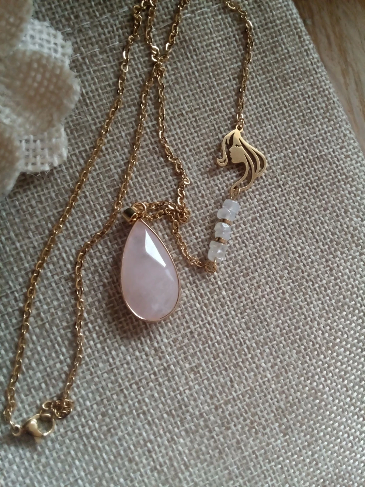 Collier réversible quartz rose et pierres de lune naturelles – photo 3